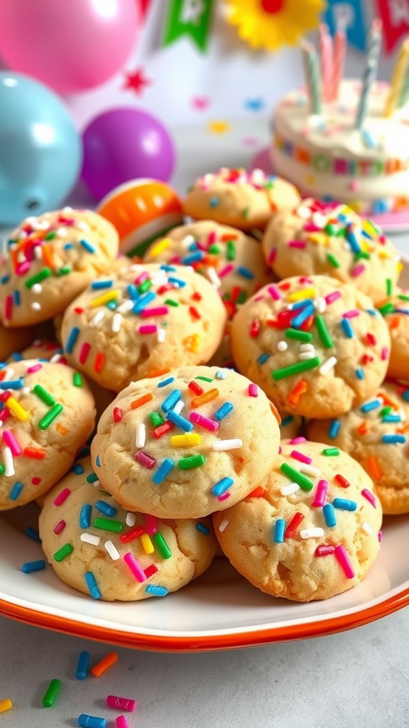 A plate of funfetti birthday cookies covered in colorful sprinkles, surrounded by festive decorations.
